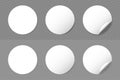 Rounded adhesive paper stickers set with shadow. Circle white tags with a folded edges. Blank templates of adhesive symbols